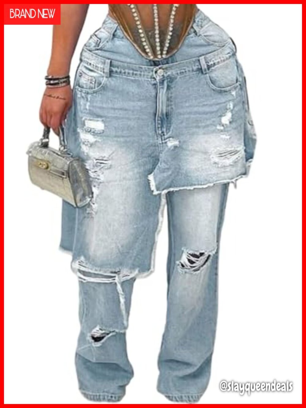 Womens High Waisted Ripped Wide Leg Jeans Patchwork Denim Pants
